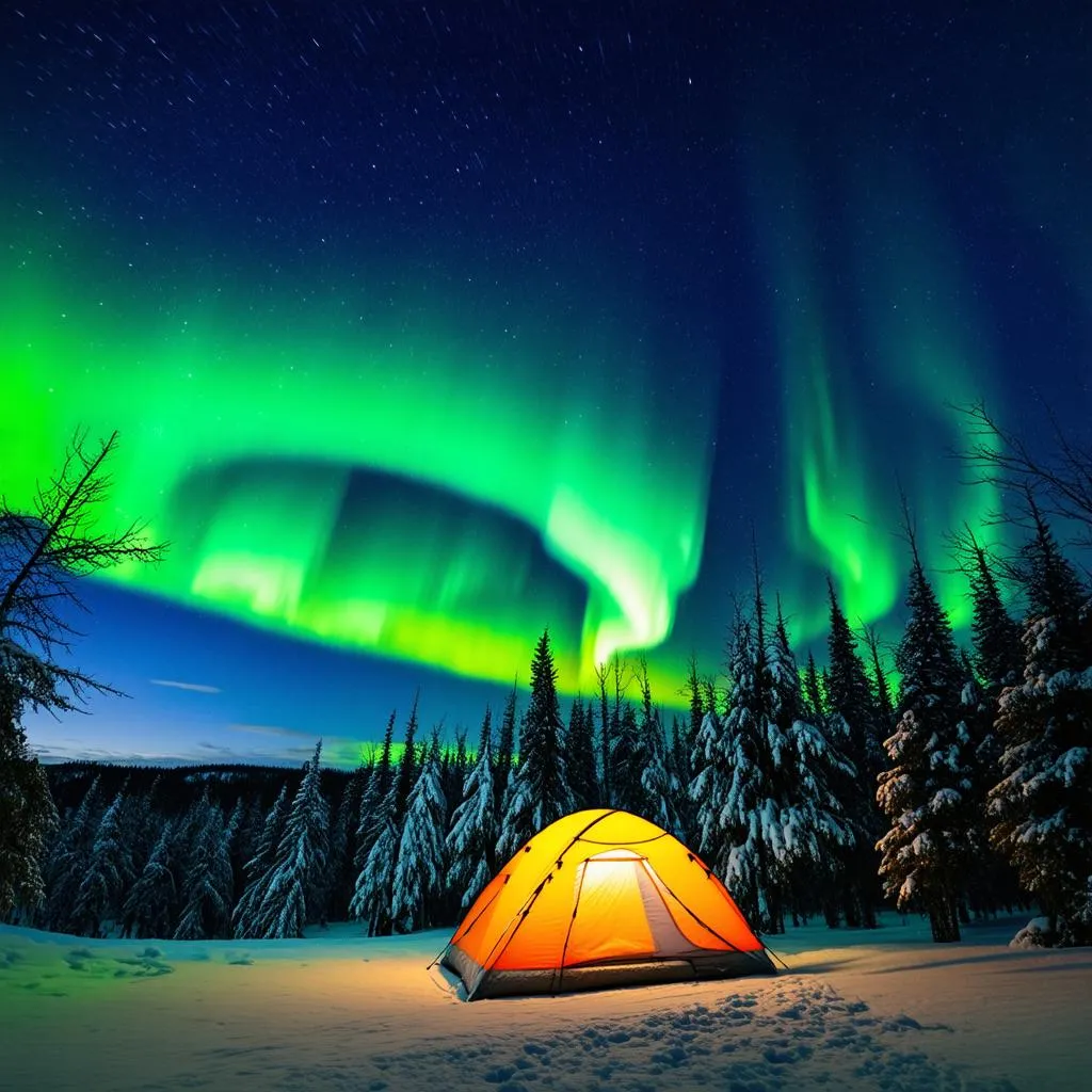 Aurora borealis over a campsite in Alaska